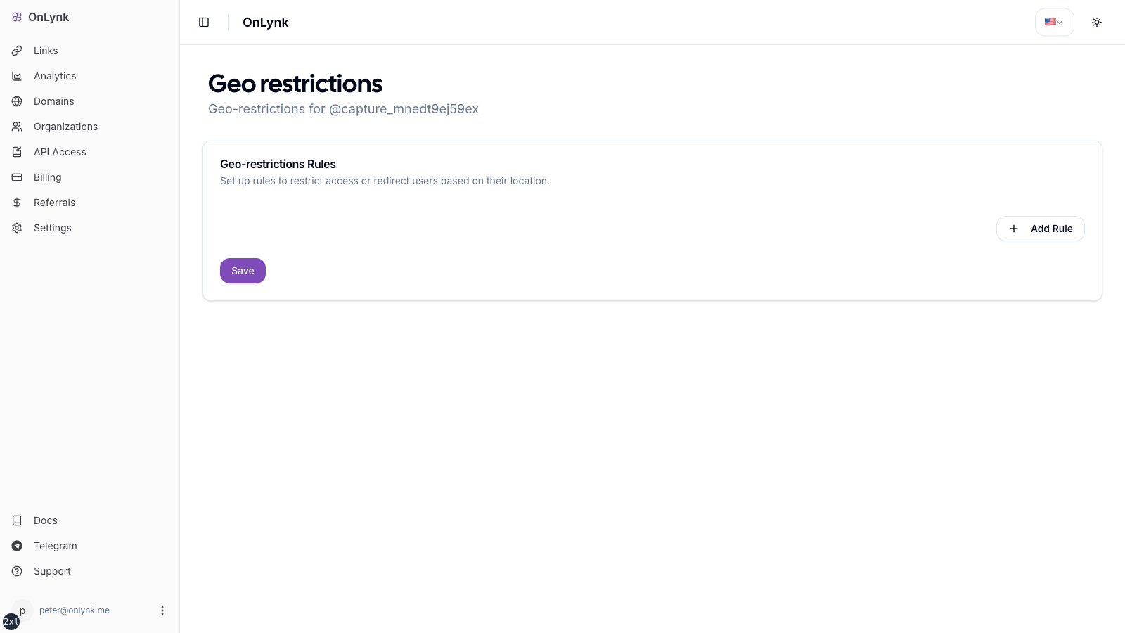 OnLynk dashboard geo-restrictions screen with country and city rules