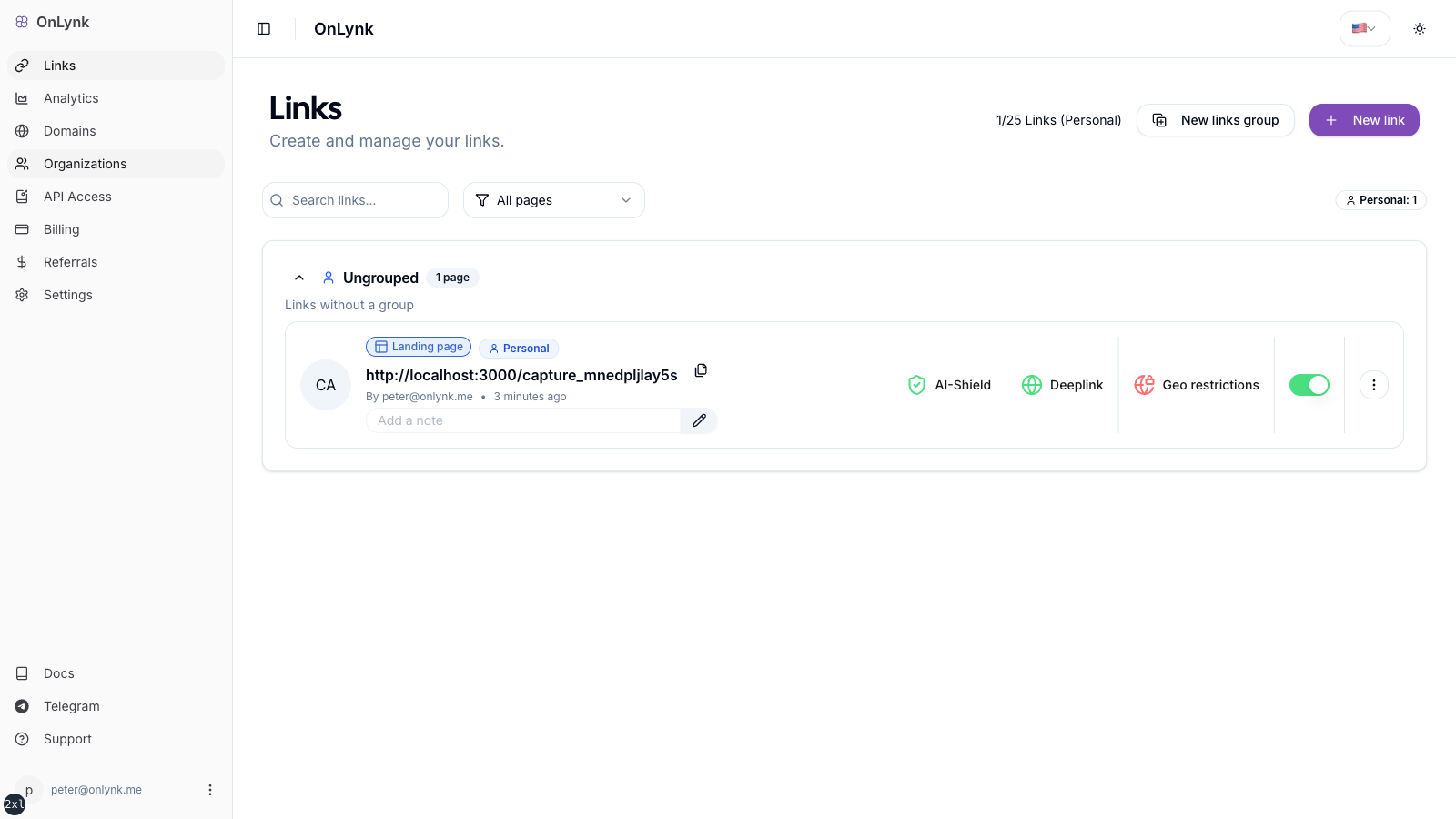 OnLynk dashboard home