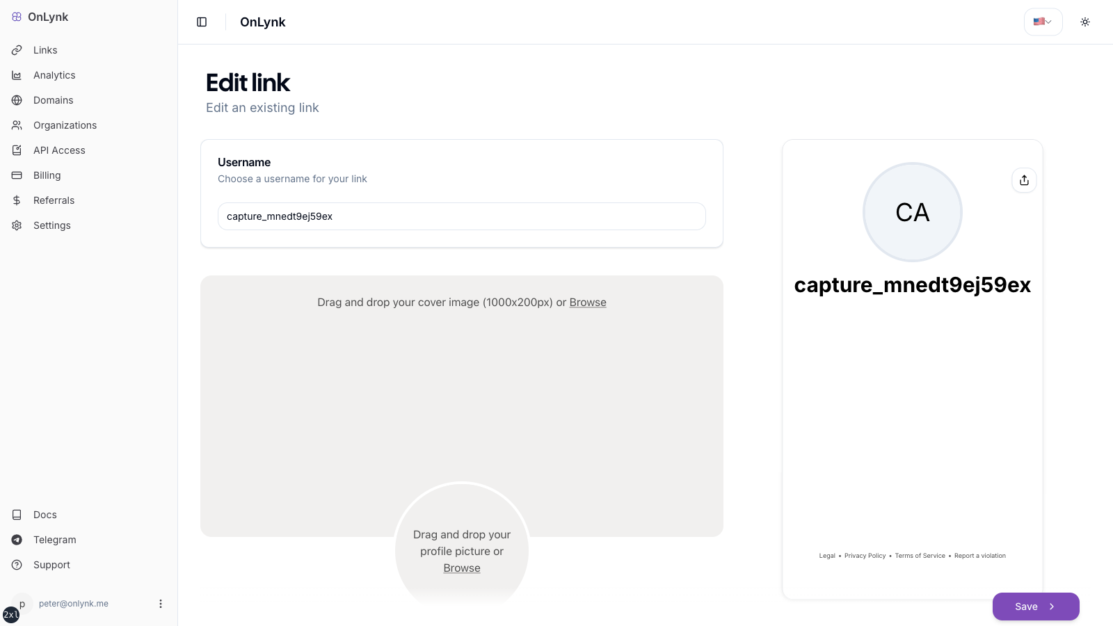 OnLynk link editor (edit page) in the dashboard